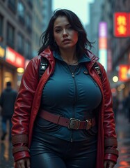 Fototapeta premium sci-fi futuristic slightly overweight with smooth facial features on a dark street female hero realistic, detailed, red, blue, blue, green, purple clothes