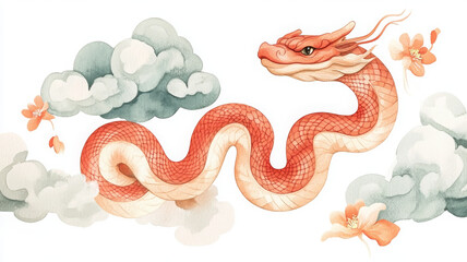 Obraz premium majestic red dragon gracefully winds through soft clouds, surrounded by delicate flowers. This watercolor illustration captures sense of wonder and fantasy