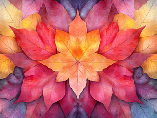 a vibrant red and yellow maple leaf against a dark red background. The leaf's center is a darker shade of red, creating a striking contrast.