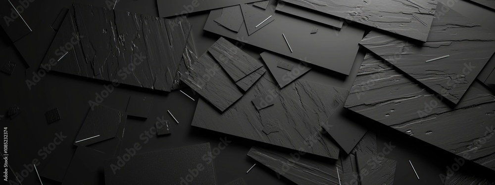 Aufkleber Black Background with Triangular Patterns and Squares for Design Banner Template, Featuring Abstract Minimalist Wallpaper with Copy Space on Black Background