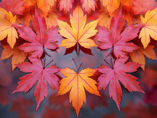 a vibrant red and yellow maple leaf against a dark red background. The leaf's center is a darker shade of red, creating a striking contrast.