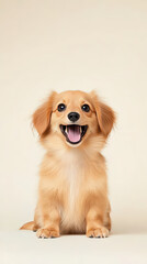 cheerful dachshund with bright smile and fluffy fur sits against light background, radiating joy and playfulness. This adorable pet captures hearts effortlessly