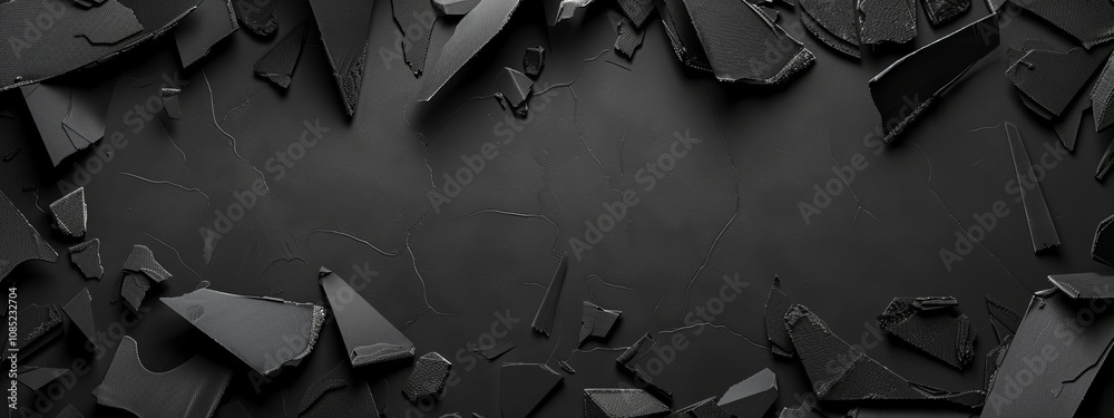 Poster Modern Banner Template with Irregular Polygons on Black Background. Contemporary Minimalist Design with Central White Space for Text. Ideal for Creative Projects.