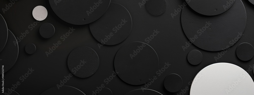 Poster irregular shapes and circles on black background with white center space for text. geometric minimal
