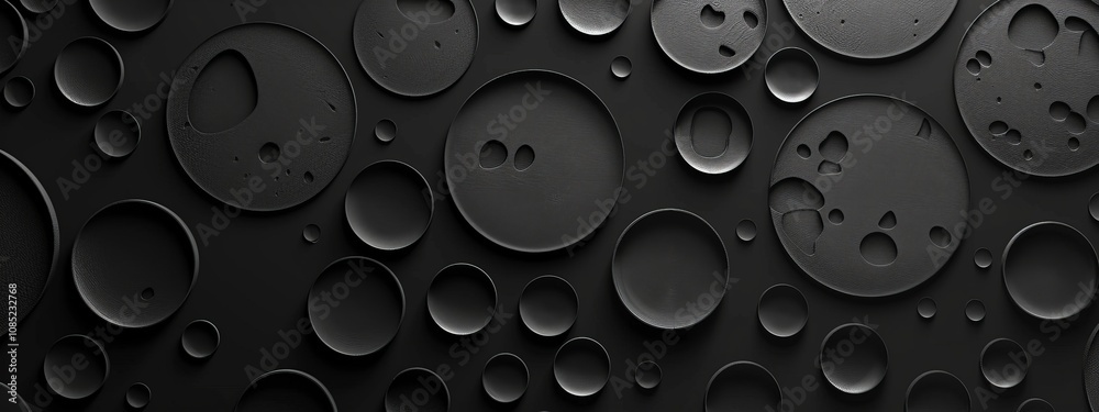 Poster irregular shapes and circles on black background with white center space for text. geometric minimal