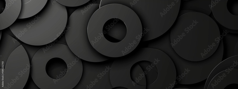 Poster irregular shapes and circles on black background with white center space for text. geometric minimal