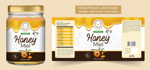Honey label design, Honey jar product packaging design with honey comb and bee background, dripping honey label print ready vector file template illustration