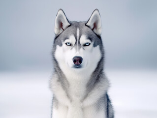 husky with determined expression sits against soft, snowy background, showcasing its striking blue eyes and thick fur. This majestic breed embodies strength and loyalty