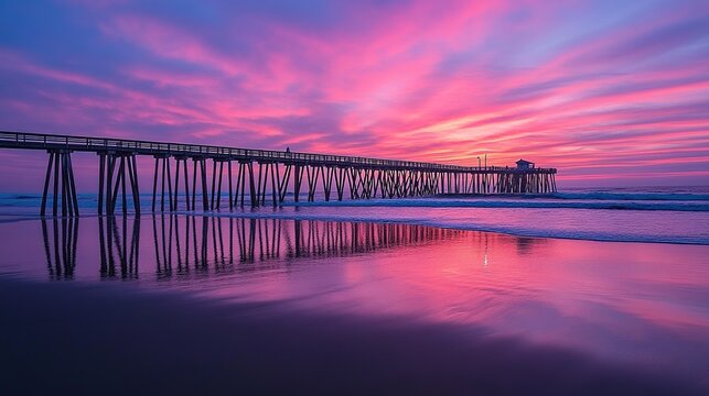 Fototapeta A serene sunset over a pier reflecting vibrant colors on the water.