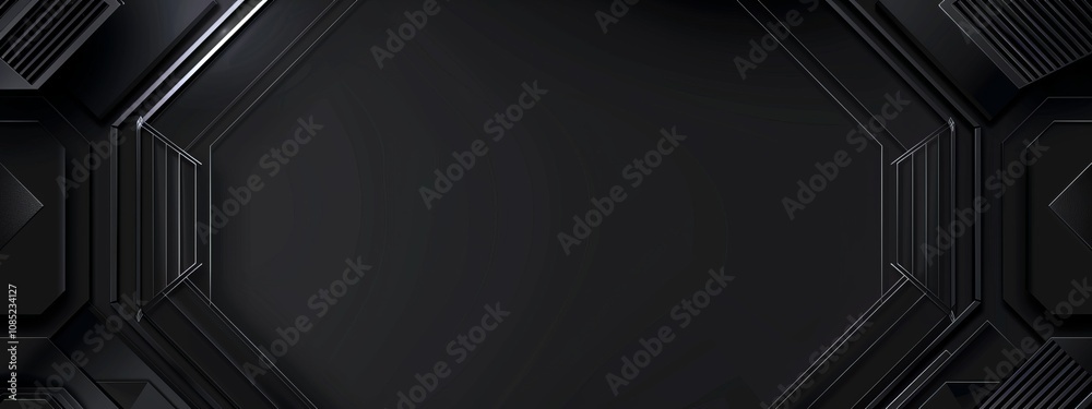 Poster Black Background with Linear Geometric Motifs and Elements for Design, Banner Template. White Space in the Center for Text, Modern Geometric Wallpaper with Copy Space for Stylish Visuals.