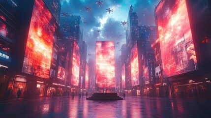 Fototapeta premium Futuristic city street at night with glowing billboards and drones.