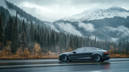 Winter mountain view where the rain has just stopped.