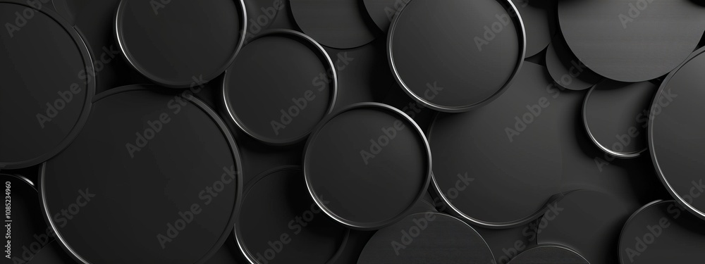 Poster black background with minimal circular shapes for design, banner template. white space in the center