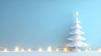 Minimalist Christmas scene featuring a white, snow-covered Christmas tree and fairy lights against a pale blue background. Perfect for holiday cards, websites, or social media.