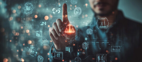 A hand reaches out to touch a holographic projection showing scales of justice, graphs, and various financial symbols