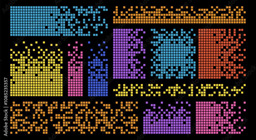 Poster set of abstract pixelated color rectangle and square. multicolor geometric shape with broken pixel. 