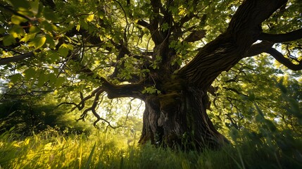 Fototapeta premium A lush green canopy viewed from below, with sun rays peeking through the branches