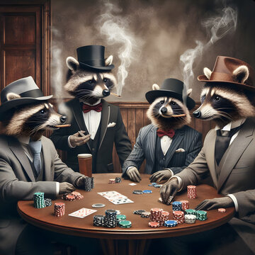 Raccoon rascals dressed as old western gentlemen wearing top hats and bow ties. In a smokey room playing poker.