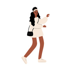 Cute vector illustration of black woman, diverse character in everyday urban scenes. People walking dogs, using wheelchair, pushing stroller. individuals of various ages and ethnicities.