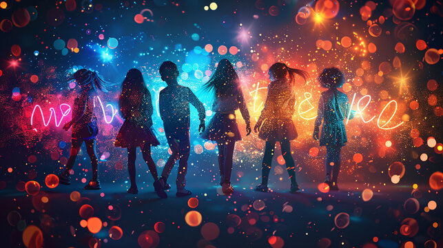 Elegant kids party invitation with calligraphy and glowing border decorations