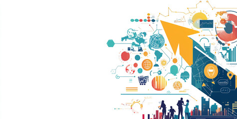 Silhouetted figures of a family observe an upward-trending arrow amidst colorful data charts and symbols representing global interconnectedness, technology, and economic progress