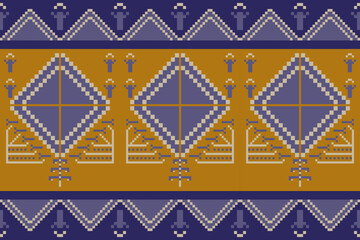 Fabric pattern seamless of chevron and square with purple and brown colors. Geometric abstract background for pixel, boho, vintage, classic, and textile concepts for decor, interior, and wallpaper.