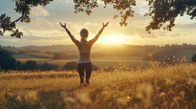 A person enjoying nature at sunset, embodying peace and freedom in a serene landscape.