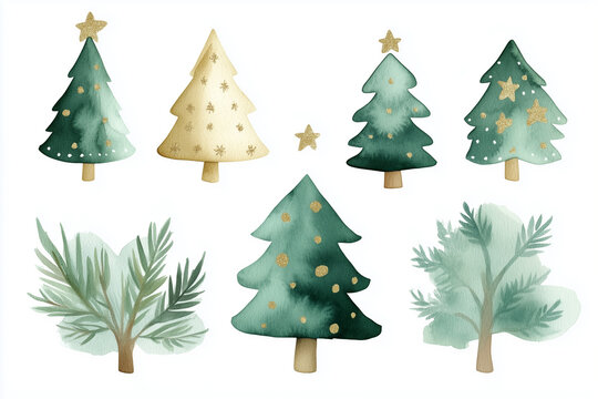 Watercolor Christmas Trees: A whimsical collection of hand-painted watercolor Christmas trees and branches in various styles, perfect for festive design projects.