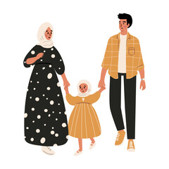 Cute vector illustration of diverse character in everyday urban scenes. People walking dogs, using wheelchair, pushing stroller. Muslim couples, families, individuals of various ages and ethnicities.