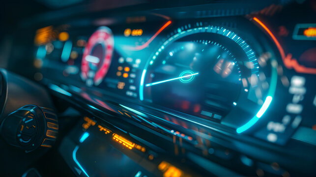 Futuristic car dashboard with neonlit digital speedometer and dials