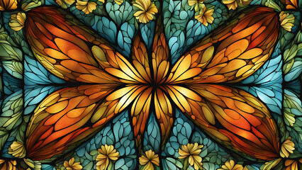 A butterfly with gold wings and blue and green leaves