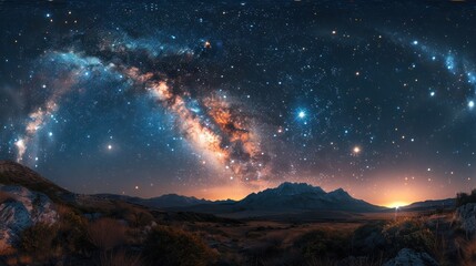 Fototapeta premium A panoramic view of the Milky Way galaxy over a mountain range with a sunrise in the distance.