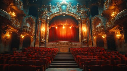 Obraz premium Grand, ornate theater interior with red seats and a stage.