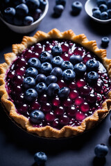 Photo of delicious blueberry tart with blueberry dark lghiting Fresh healthy food backgrund