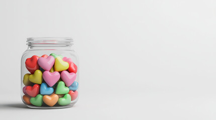 Colorful heart shaped candies in glass jar create cheerful display. vibrant hues of pink, red, yellow, and green evoke feelings of joy and sweetness