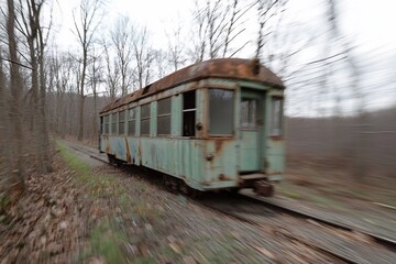 Obraz premium Rustic Charm: An Abandoned Vintage Tram on Overgrown Tracks