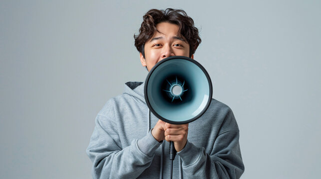 Excited Vietnamese man in a t-shirt, holding a loudspeaker and making an announcement, with a sky-blue backdrop