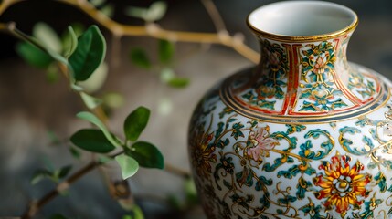 Naklejka premium Close-Up of Ornamental Ceramic Vase with Gold Accents and Intricate Floral Motifs