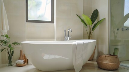 Fototapeta premium A white bathtub with a white towel hanging over the side, in a modern bathroom.