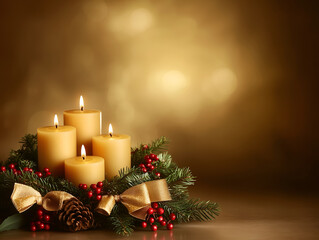 Advent Wreath with Lit Candles and Festive Decorations