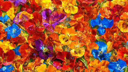 Colorful pansies and irises creating a vibrant floral background