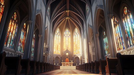 Obraz premium Sunlit Gothic Cathedral Interior with Stained Glass and Empty Pews