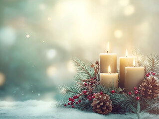 Advent Wreath with Lit Candles and Festive Decorations