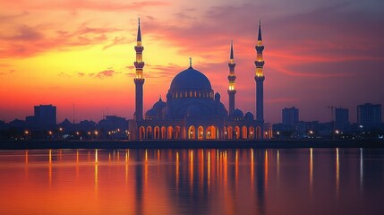 Fototapeta premium Illuminated mosque reflected in calm water at sunset.