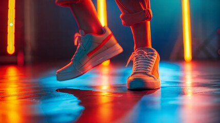 Dynamic dance moves in neon lighting with sneakers. Zumba Dance Class elements