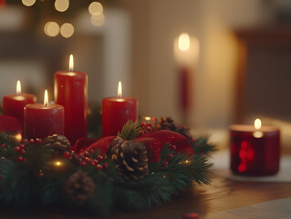Advent Wreath with Lit Candles and Festive Decorations