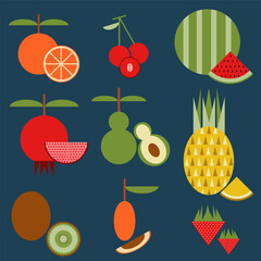 Vector of fruit fresh geometric. Bright colors of fruit vector collections. fruits on a blue background