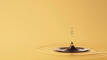 water drop falling into calm lake, creating ripples and reflections. serene golden background enhances tranquil atmosphere of scene