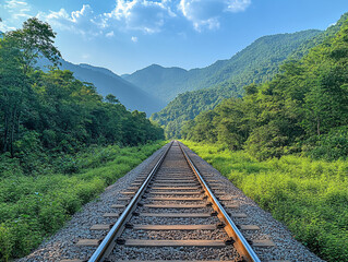 Fototapeta premium a train track surrounded by lush green trees and a clear blue sky. The track is empty and leads into the distance.