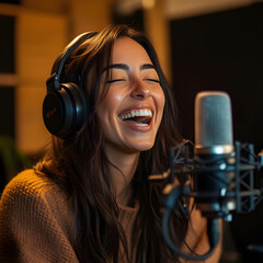 A woman smiles joyfully while recording in a studio, wearing headphones and speaking into a microphone, creating a lively and engaging atmosphere.